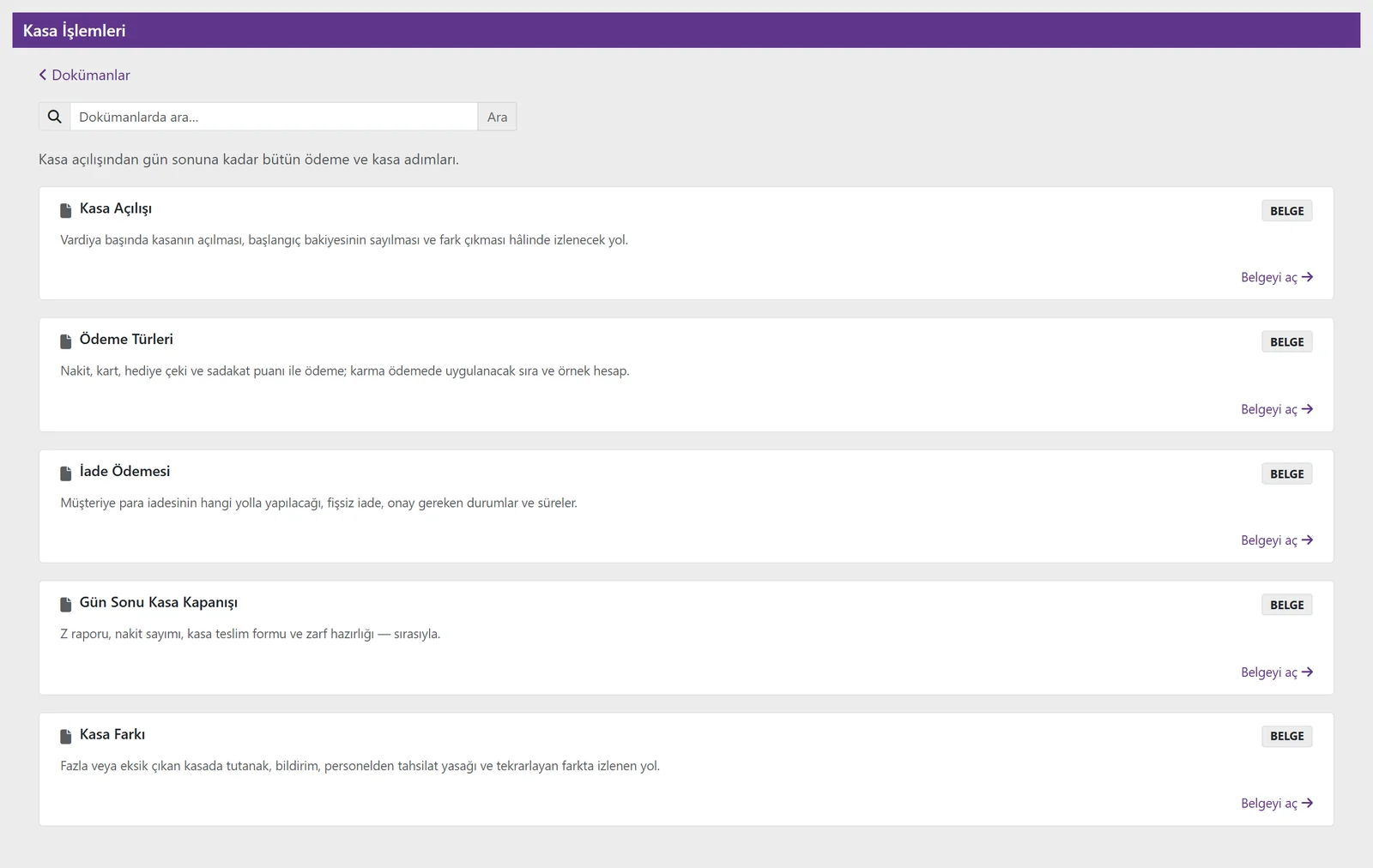 A space in the Document Center: Till operations, with documents for till opening, payment types, refunds, end of day and till differences (Turkish interface)