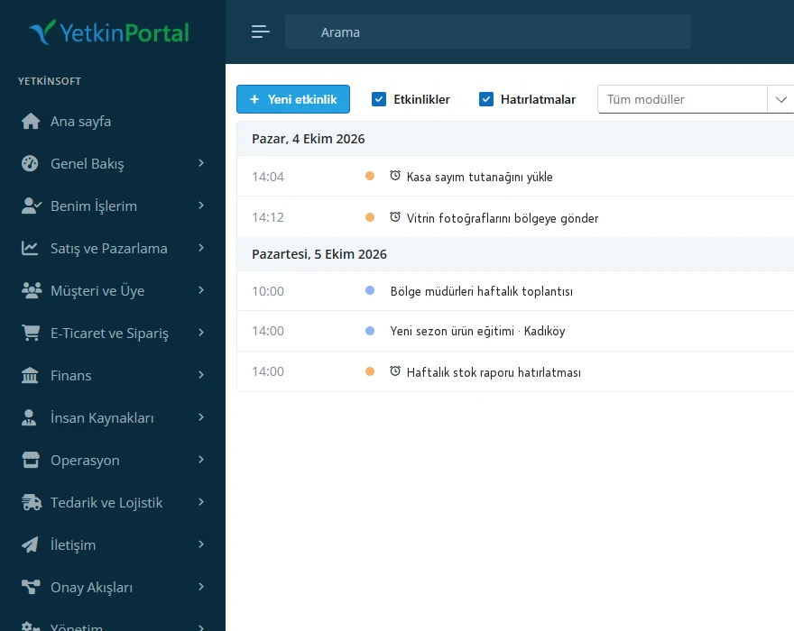Yetkin Portal agenda screen with the module menu (Turkish interface)