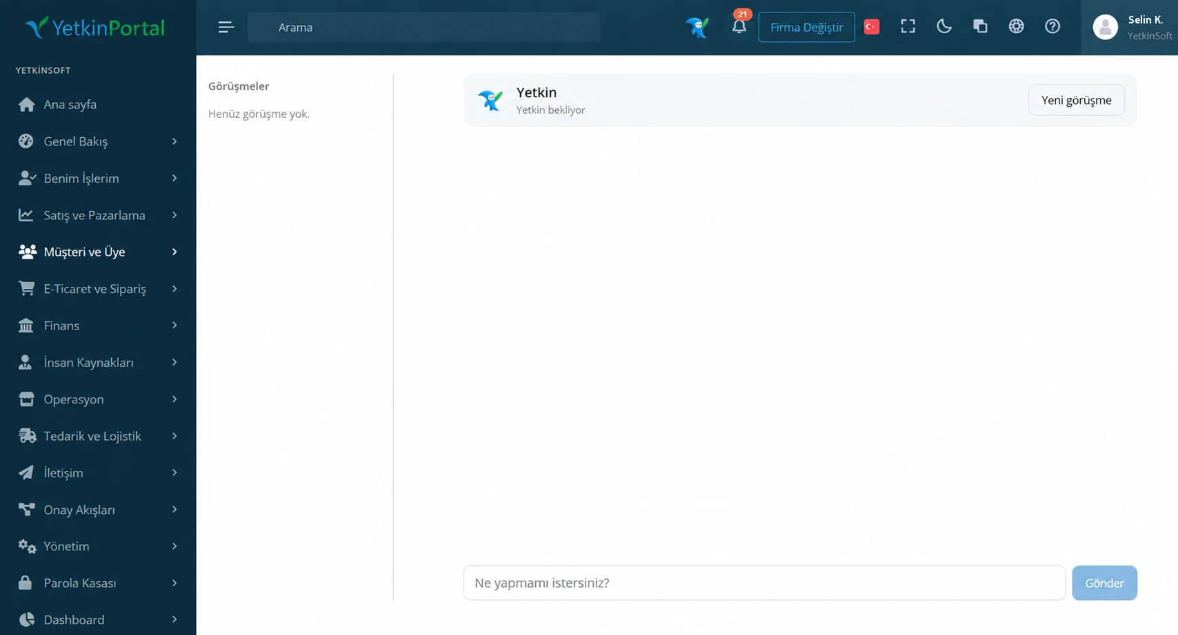 Yetkin Portal’da Yetkin Asistan ekranı ve modül menüsü