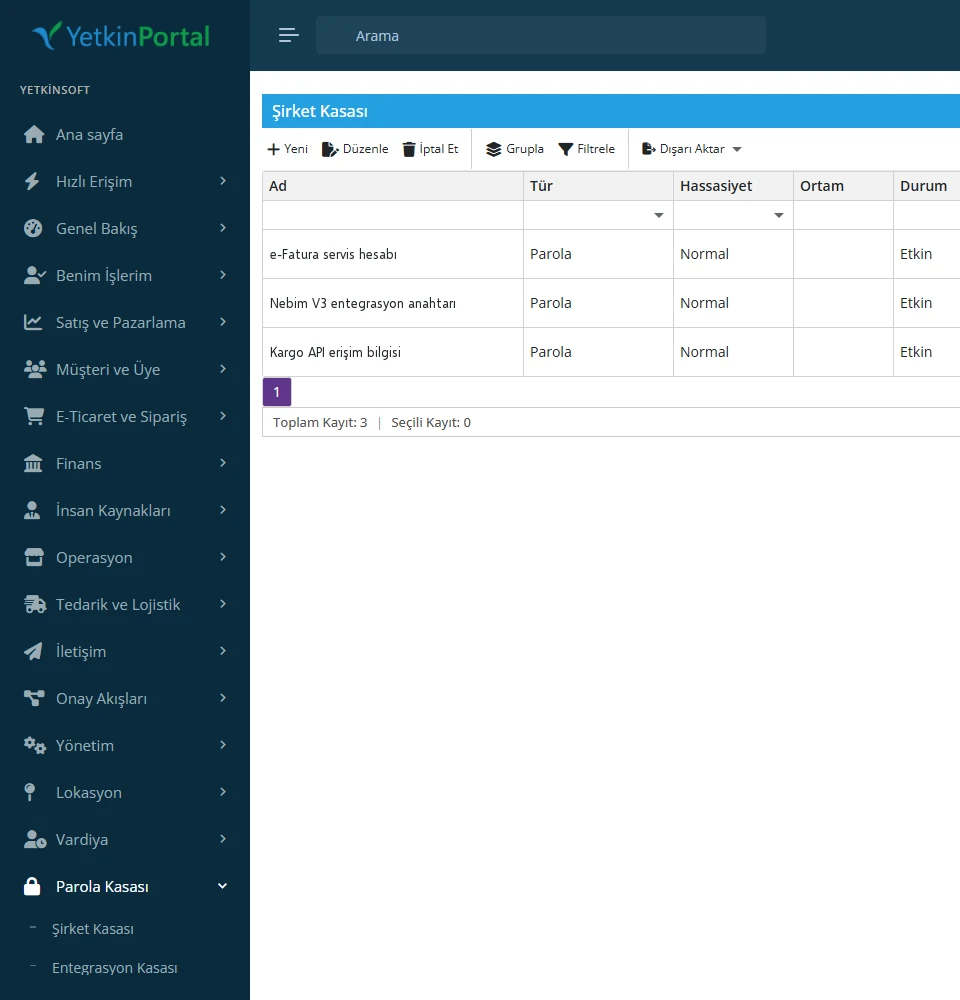 Yetkin Portal Password Vault screen with the full module menu (Turkish interface)