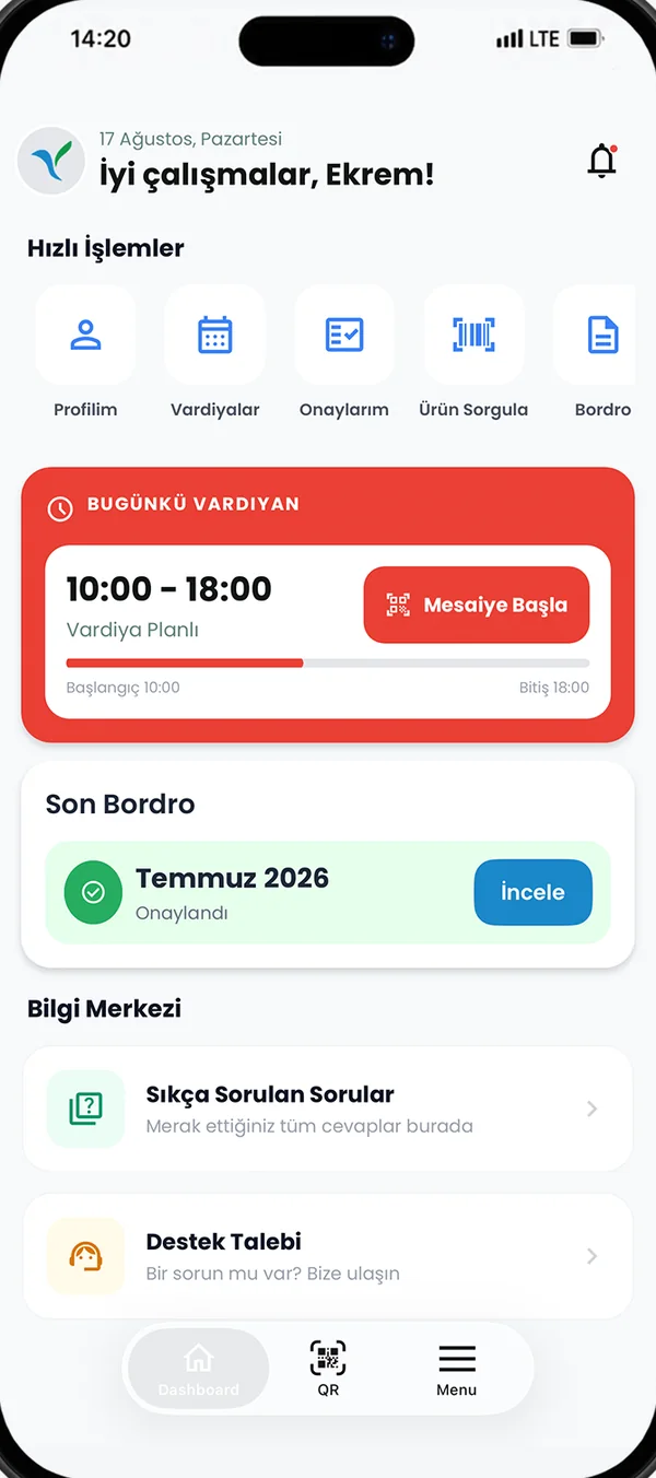 Yetkin Mobil Plus ana ekranı: bugünkü vardiya, hızlı işlemler, son bordro