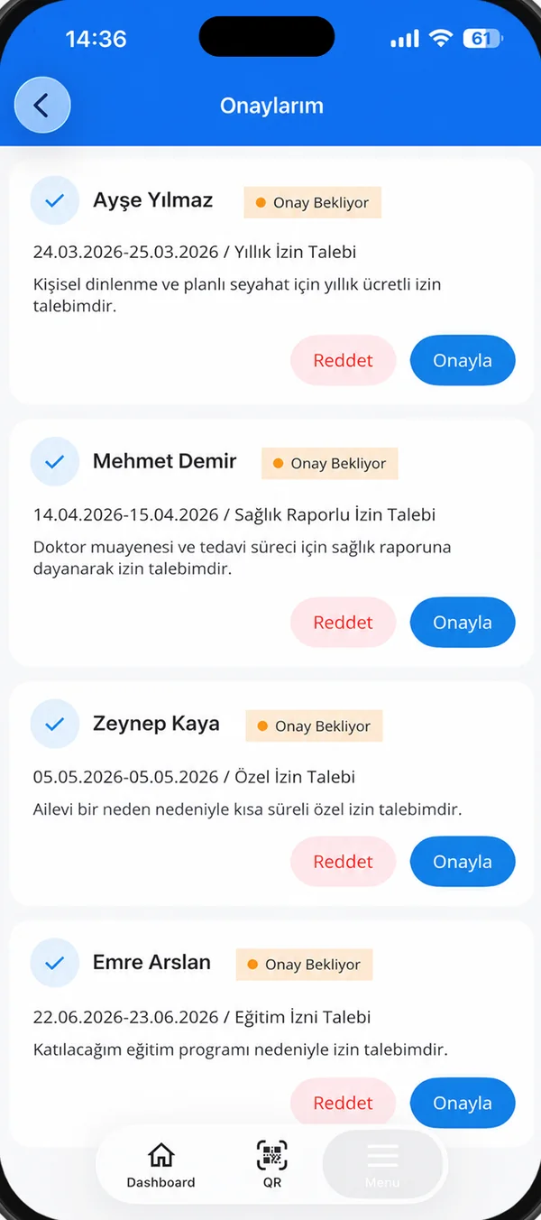Yetkin Mobil Plus onaylarım ekranı: bekleyen izin talepleri