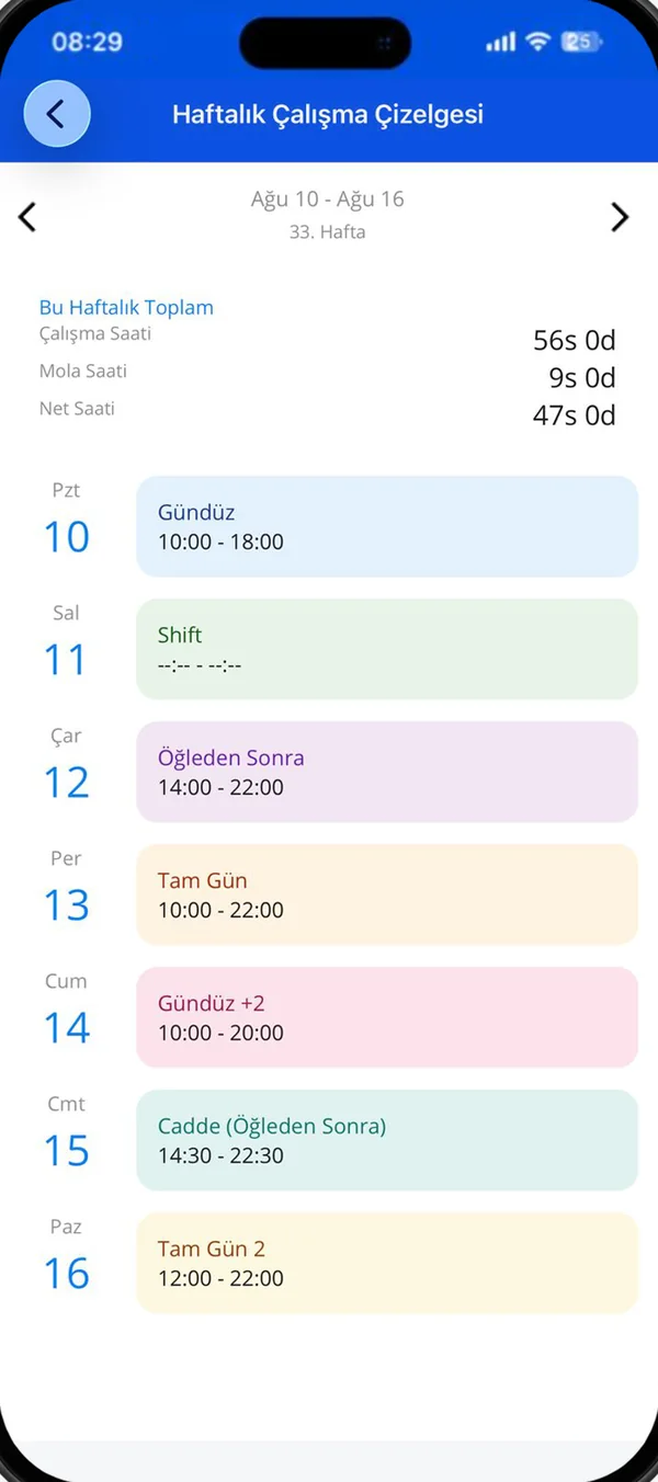 Yetkin Mobile Plus weekly work schedule (Turkish interface)